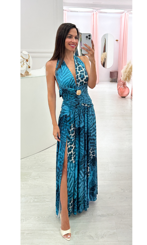 Vestido Crep Estampado Azul