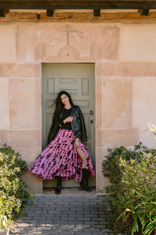 Falda Maxi Boho Print Rosa y Negro Lili