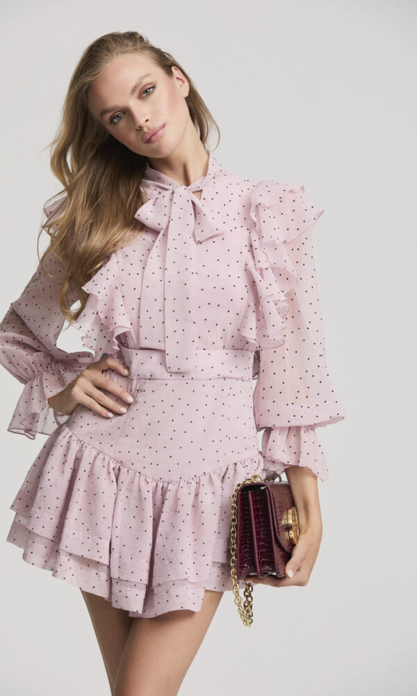 Vestido Corto Gasa Rosa Volantes Elva