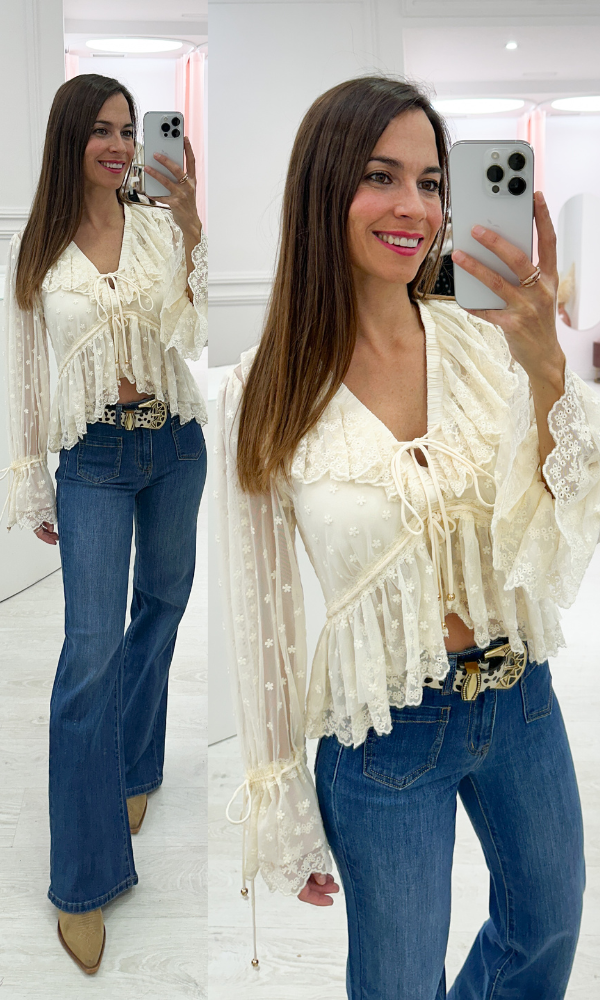 Vaquero Elástico Azul Bolsillos Parche