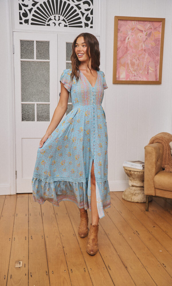 Vestido Largo Azul Laguna Fleur Maxi