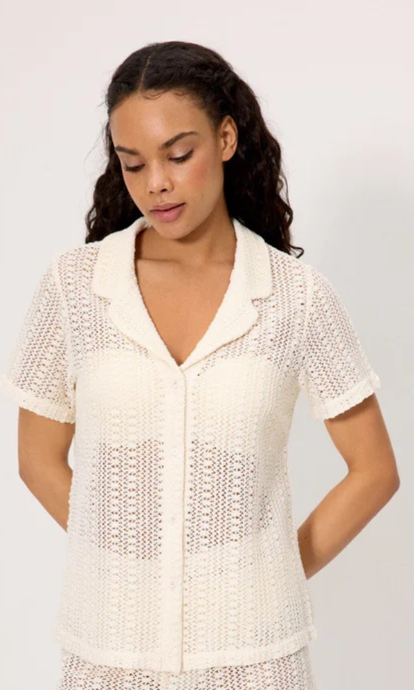 Camisa manga corta calada marfil