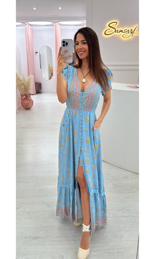 Vestido Largo Azul Laguna Fleur Maxi