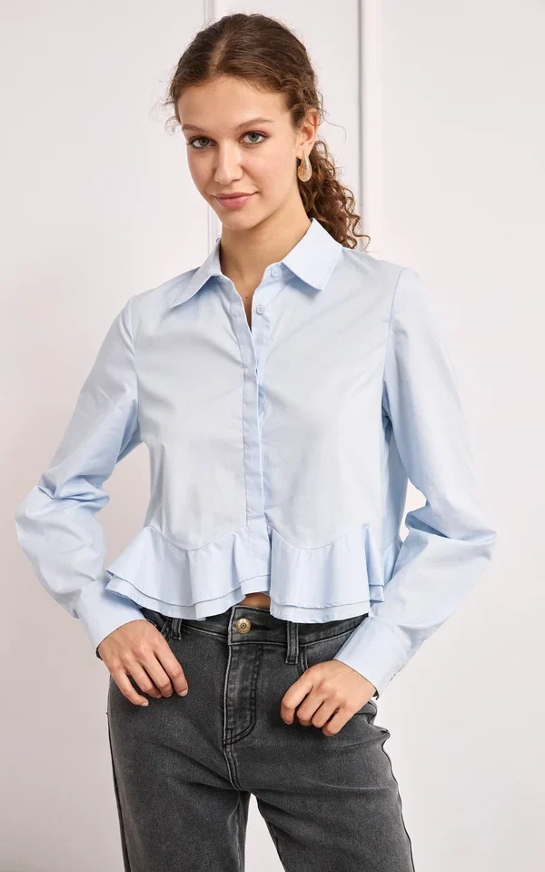 Blusa Camisera Volantes Azul Algodón